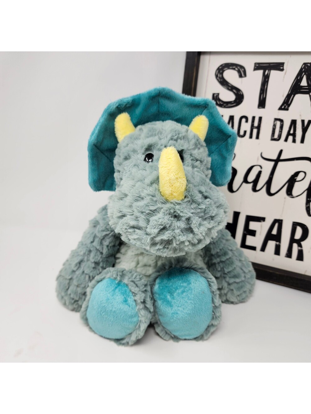 Demdaco Triceratops Dinosaur Plush Gray Teal Yellow Super Soft Stuffed Animal